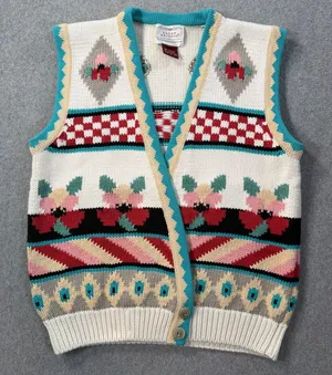Vintage 1990 Susan Bristol Knit Sweater Vest Women's Large Floral Check V-Neck thumbnail 1