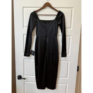Lulus‎ Fabulous Encounters Black Satin Long Sleeve Midi Dress XS Party Cocktail thumbnail 5