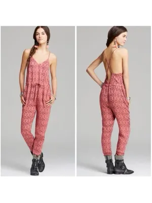 Free People Sunset Romper Tomato Combo Pink Printed Cami Jumpsuit Women's Medium thumbnail 2