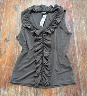 DKNY Olive Green Sleeveless V-Neck Ruffle Blouse Small thumbnail 1