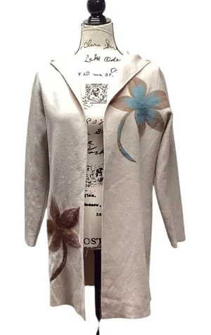 Sioni Intarsia knit long open hooded duster Size Medium Oatmeal. thumbnail 1