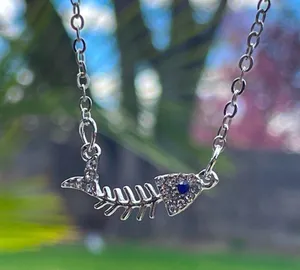Mr Bones fishy necklace silver tone fish and blue eye rhinestone covered gift thumbnail 2