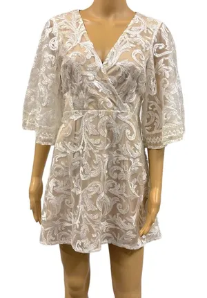 Lulus Celebration Hour Cream Lace Sequin Embroidered Zip Back Mini Dress Medium thumbnail 1