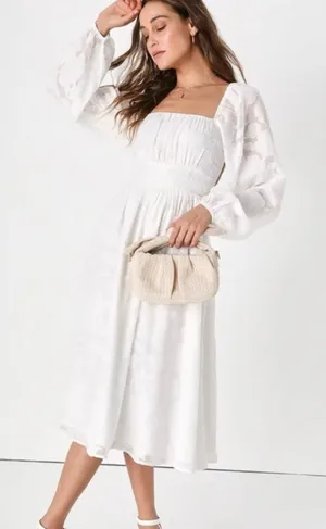 NWT Lulus Flirtatious Nature White Floral Jacquard Lace Up Midi Dress Size LARGE thumbnail 1