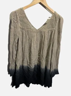 Free‎ People Tunic Top Womens XS Taupe Black Ombre Lace Boho Embroidered Blouse thumbnail 1