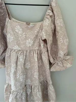 Shop the Mint Tan White Floral Embroidered Puff Sleeve Mini Dress Large thumbnail 5