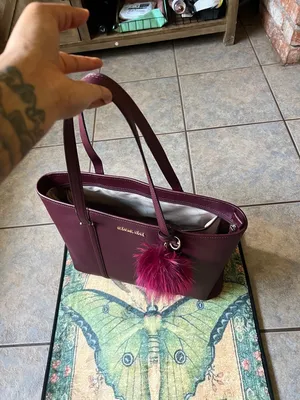 Michael Kors Plum Saffiano Tote with Magenta Pom Charm thumbnail 4