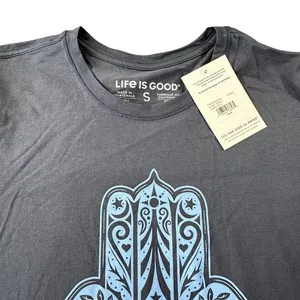 Life is Good Casual Hamsa Lotus Graphic Tee Dusty‎ Blue Gray Cotton Shirt NWT thumbnail 3