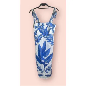 Calypso St Barth Linen Blend Smocked Back‎ Midi Dress Blue White Tropical Size S thumbnail 4