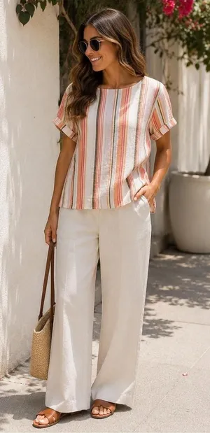 A New Day Women's Striped Short-Sleeve Linen Blend Top - Coral Multi XL thumbnail 1