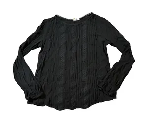 Gap Size Small Black‎ Long Tapered Sleeve Blouse Round Neck Pleated Lace Trim thumbnail 1