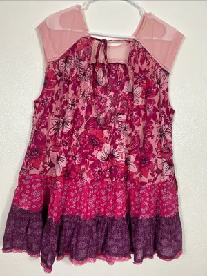 Free People Angelica Printed Tunic Mesh Top Pink Floral Blouse Sleeveless XS/TP thumbnail 7