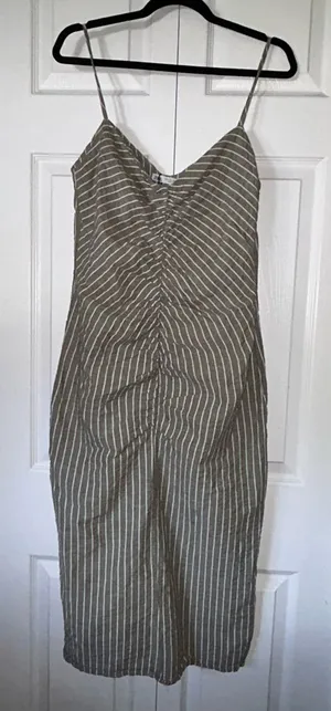 Zara Olive Green & White Striped Spaghetti Strap Midi Dress thumbnail 1