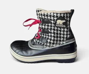 Sorel Tofino Houndstooth Waterproof Snow Boots Women 9 Black White Red Lace thumbnail 1