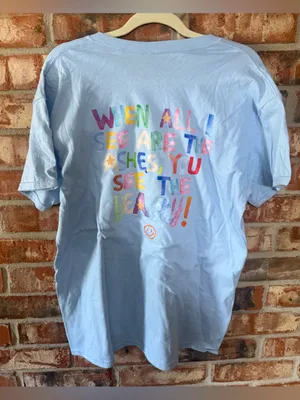 Gildan Light Blue Short-Sleeve Tee with Orange Smiley and Faith Graphic on back thumbnail 4