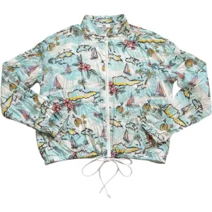 Tribe Kelley‎ USA Womens Tropical Island Map Rayon Zip Up Jacket Blue Medium M thumbnail 1