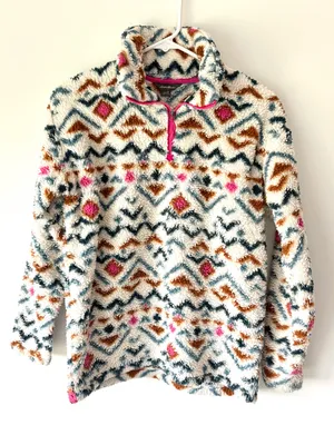 Eddie Bauer Aztec Print Cozy Fluffy Sherpa Fleece 1/4 Zip Pullover Blue Pink thumbnail 1