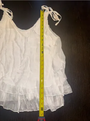 White Flowy Tie Shoulder Tank Sheer Layered Ruffle Hem Silk Blend Cottagecore thumbnail 5