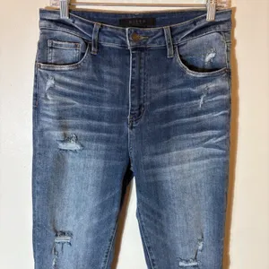 Risen Los Angeles Distressed Straight Leg Jeans Medium‎ Wash Raw Hem Size 29/9 thumbnail 2