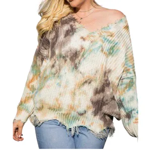 Main Strip Tie Dye Distressed V Neck Sweater thumbnail 1