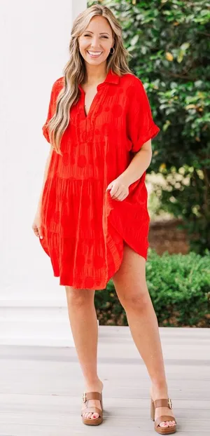 Umgee Womens 100% Cotton Dress Large Red Polka Dot Tiered Short Sleeve Boho‎ thumbnail 1