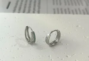 925 Silver Plated Double Rows CZ Cubic Zirconia Hoop Earrings for Men Women,Hip Hop Unisex Earrings thumbnail 3