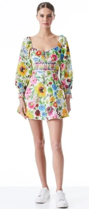ALICE + OLIVIA Crawford Sweetheart Mini Dress Floral Puff Sleeves Lace Up Size 0 thumbnail 1