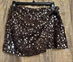Emerson Lang Brown Silver Sequin Shiny Mini Wrap Front Skort Small NWT thumbnail 1