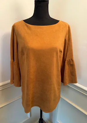 Sail to Sable STS Faux Suede 3/4 Ruffle Bell Sleeve Top Camel Brown Boho Western thumbnail 1