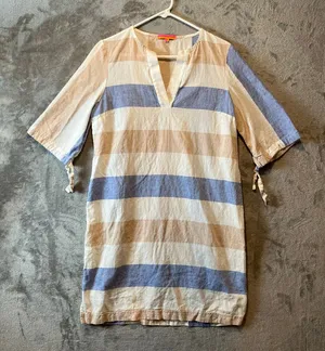 Vilagallo‎ Women’s Cotton Linen Blend Dress Size 42 (Medium) Blue Tan White thumbnail 1
