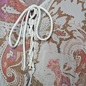 Free People boho paisley chiffon bohemian tie front tan pink dress sz Medium thumbnail 4