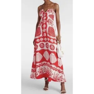 Calypso‎ St Barth Maxi Dress Red White Linen Blend Shells Boho Resort Size XS thumbnail 2