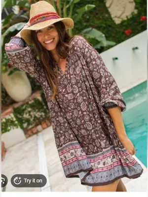 Natural Life Dara Bohemian Floral Tunic Dress in a brown & pink floral print S thumbnail 2