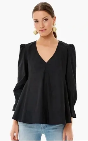 Pomander Place Tuckernuck XS Black Poplin Easton Blouse Ruffle Sleeve #KKK1-3 thumbnail 1
