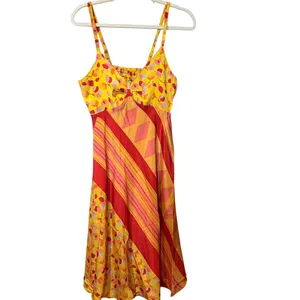 Silk Blend Patchwork Sundress Yellow Orange Floral Boho Resort Dress M thumbnail 2