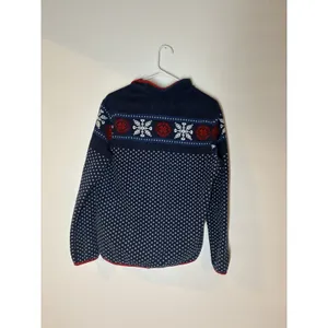 Lands' End navy blue fleece pullover white snowflake dot pattern Small thumbnail 4
