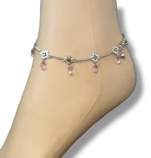 Silver tone flower link pink dangles anklet thumbnail 2