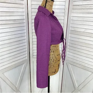 Zara Houndstooth Cropped Polo Top Purple Black‎ Small Long Sleeve Deep V-neck thumbnail 5