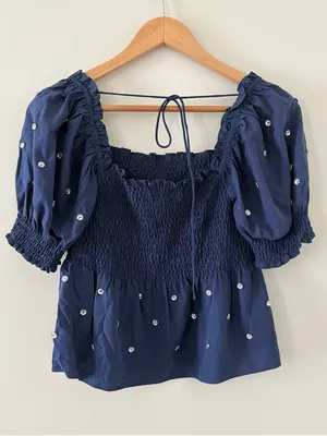 Hill House Home Jewel Jammy Top Navy Blue Smocked Peplum Puff Sleeve Size M thumbnail 7
