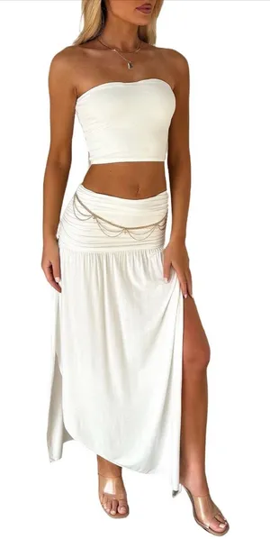 Lybiogs Women 2 Piece Maxi Skirt Set Tube Crop Top Summer Vacation Outfit thumbnail 1