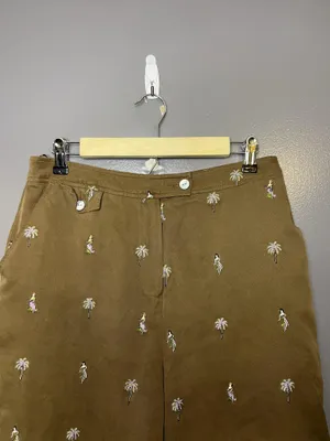 Vintage Bobby Chan Bermuda Shorts Womens 10 Brown Silk Palm Hawaiian Embroidered thumbnail 2