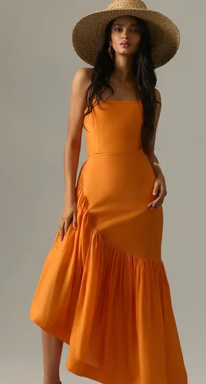 Anthropologie Let Me Be Strapless Asymmetrical Orange Dress thumbnail 1