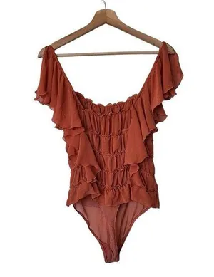 Free People Intimately M Ruffle Cinched Flutter Sleeve Bodysuit Burnt Orange thumbnail 1