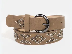 NEW Boho Western Geometric Studded Vegan Leather Belt Khaki thumbnail 1