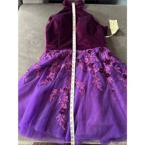 Women’s Velvet Halter Purple Party Dress Floral Tulle Skirt Size M NWT thumbnail 11
