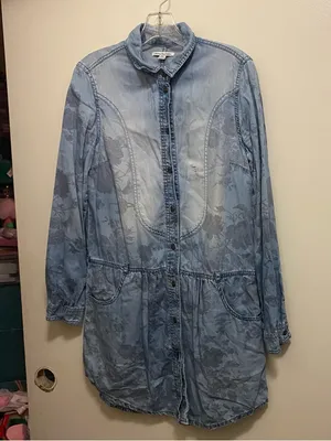 American Eagle Womens Blue Chambray Denim Shirt Dress M Medium 38” Floral READ thumbnail 1