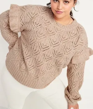Old Navy Sweater Sz 4X Pointelle Knit Ruffle Trim Metallic Oatmeal Cozy‎ thumbnail 1