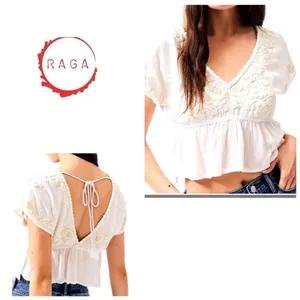 New. Anthropologie RAGA Sorrento Peplum Crop Top in White thumbnail 12