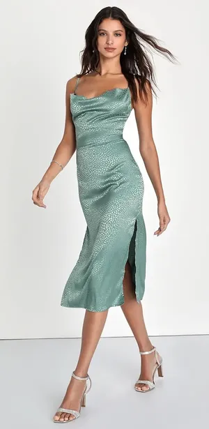 NWT Lulus Total Stunner Sage Green Satin Jacquard Cowl Neck Midi Large thumbnail 1
