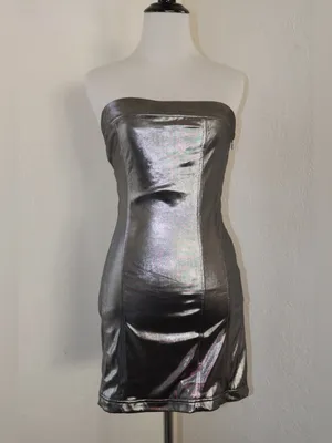 urban outfitter kristy disco metallic silver strapless bodycon mini dress small thumbnail 2